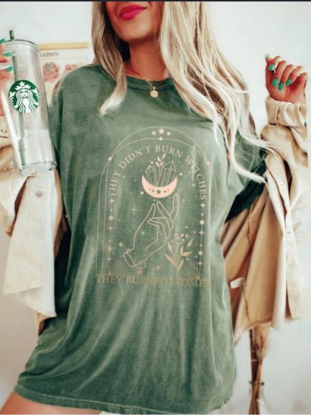 Washed Green Graphic Women’s Tee - Witchy Moon Design